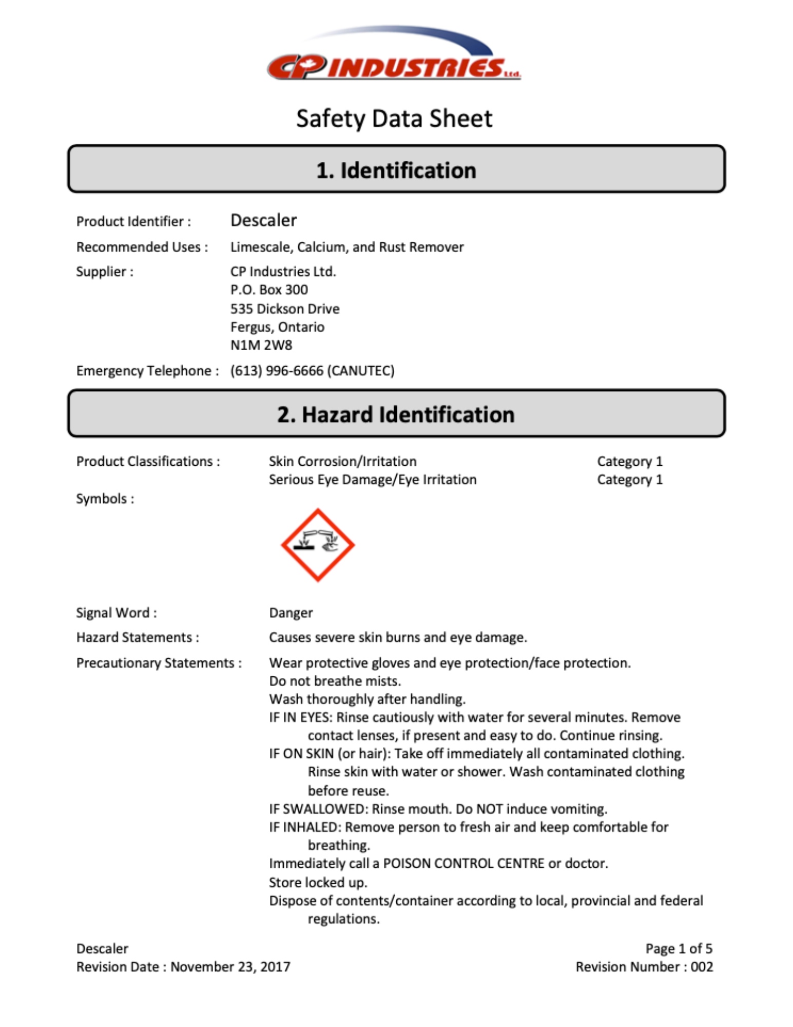 CP Industries Safety Data Sheet on Descaler.